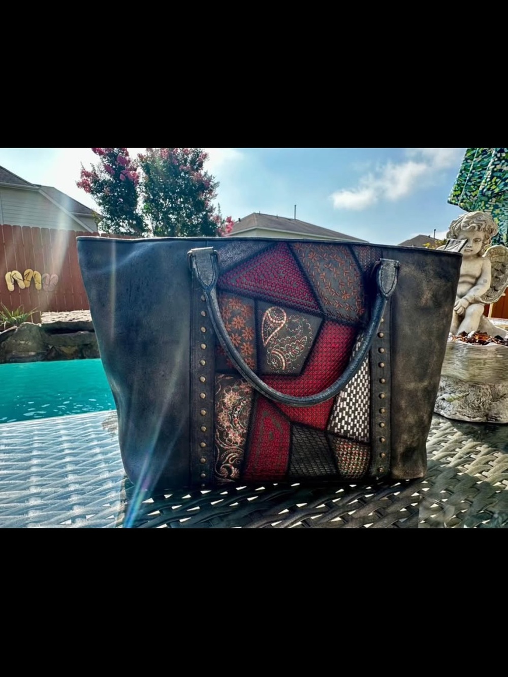 Corral Patchwork Tote in Black and Burgundy with Mixed Textures